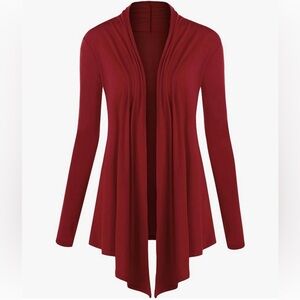 Draped Front Open Cardigan Casual Long Sleeve Lightweight Cardigan -wine